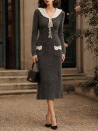 Vintage Grey Lace-Collar Tie-Neck Mohair Knit Dress