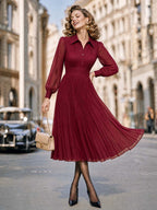 Vintage Collar Pleated Midi Chiffon Dress
