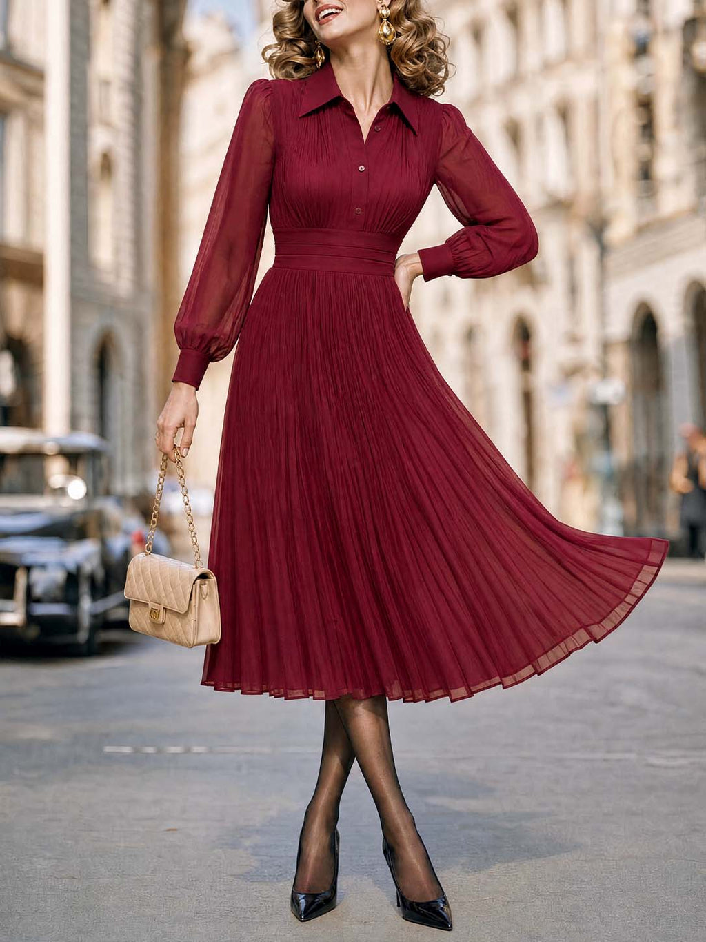 Vintage Collar Pleated Midi Chiffon Dress