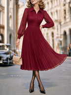 Vintage Collar Pleated Midi Chiffon Dress