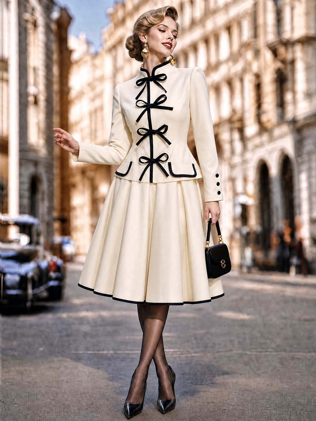 Vintage Bow Trim Midi Two‑Piece Skirt Set