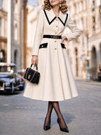 Vintage Contrast Collar Belted Midi Coat