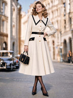 Vintage Contrast Collar Belted Midi Coat
