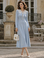 Vintage Light Blue Lace-Collar Tie-Neck Knit Midi Dress