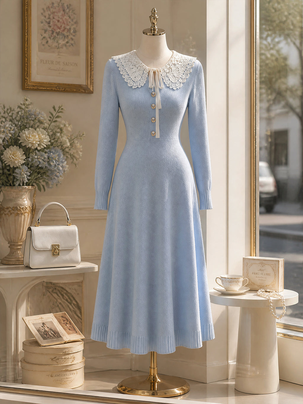 Vintage Light Blue Lace-Collar Tie-Neck Knit Midi Dress