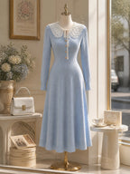 Vintage Light Blue Lace-Collar Tie-Neck Knit Midi Dress