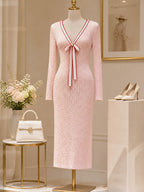 Vintage Pink Pointelle Bow-Neck V-Neck Knit Midi Dress