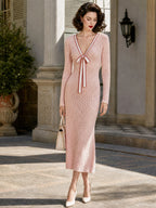Vintage Pink Pointelle Bow-Neck V-Neck Knit Midi Dress