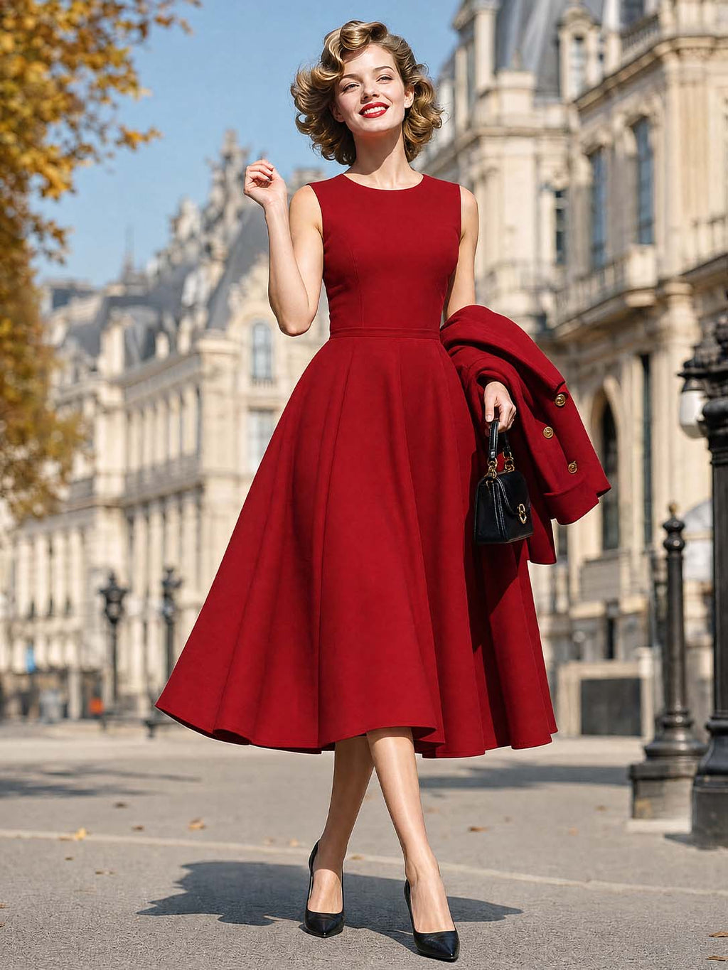 Classic Vintage Red Woolen Midi Two‑Piece Set