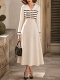 Vintage Cream Black-Stripe Sailor-Collar Bow Knit Dress