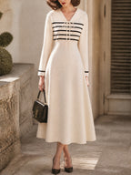 Vintage Cream Black-Stripe Sailor-Collar Bow Knit Dress