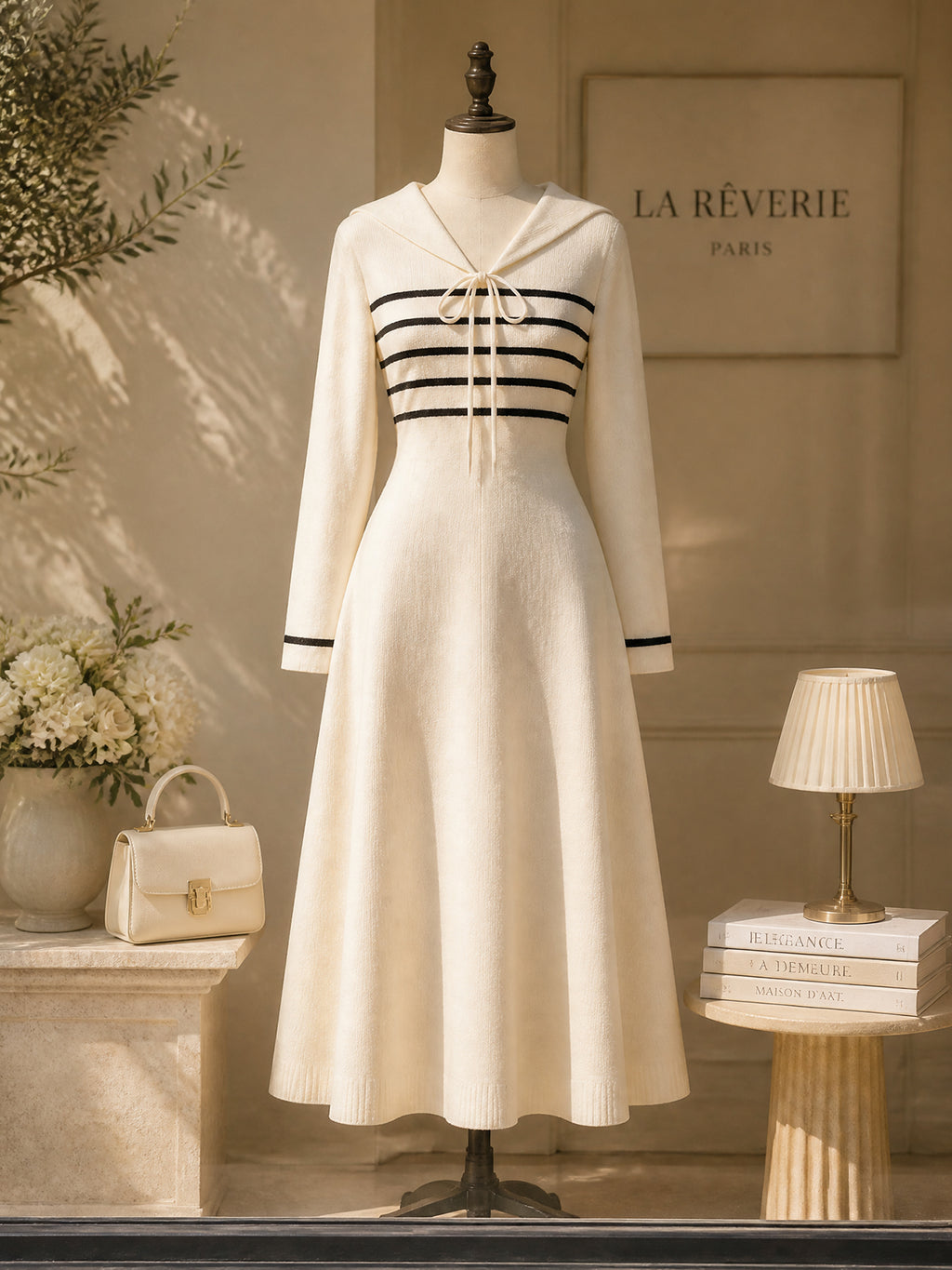 Vintage Cream Black-Stripe Sailor-Collar Bow Knit Dress