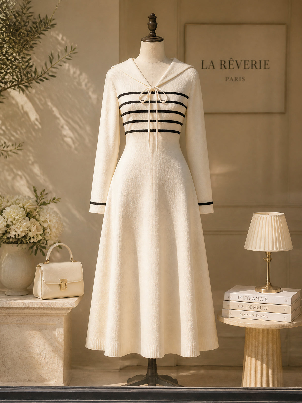 Vintage Cream Black-Stripe Sailor-Collar Bow Knit Dress
