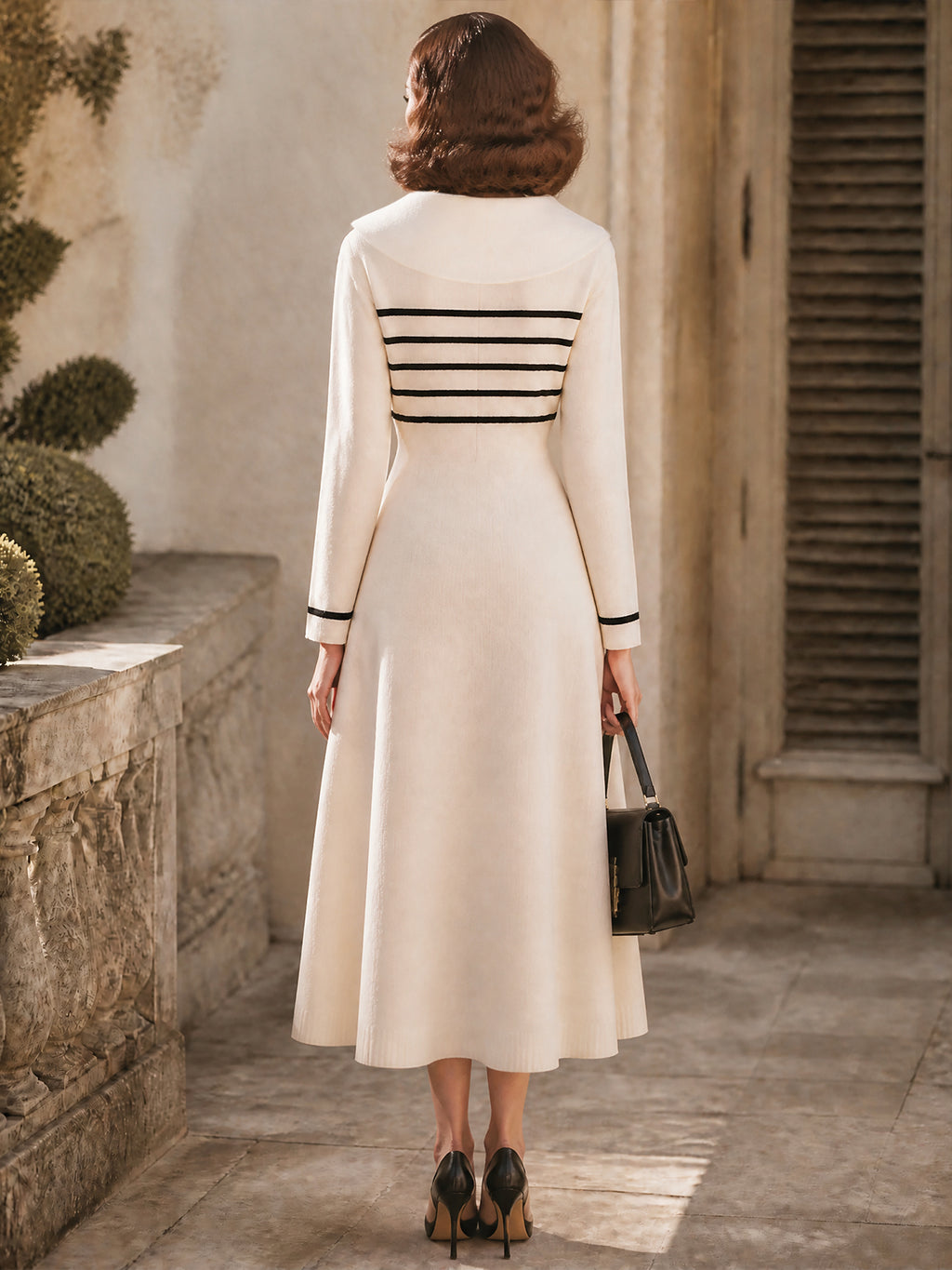 Vintage Cream Black-Stripe Sailor-Collar Bow Knit Dress