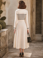 Vintage Cream Black-Stripe Sailor-Collar Bow Knit Dress