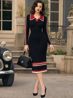 Vintage Black Red-Trim Polo-Collar Bodycon Knit Dress
