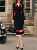 Vintage Black Red-Trim Polo-Collar Bodycon Knit Dress