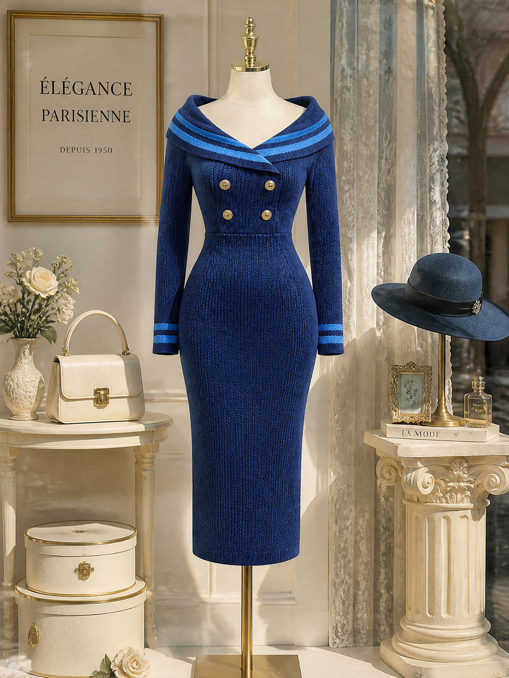Vintage Blue Stripe-Collar Gold-Button Bodycon Knit Dress