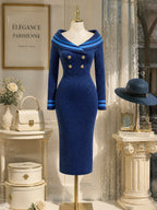 Vintage Blue Stripe-Collar Gold-Button Bodycon Knit Dress