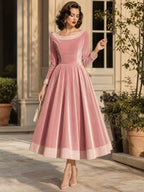 Vintage Pink Velvet Stripe-Trim Boat-Neck A-Line Dress