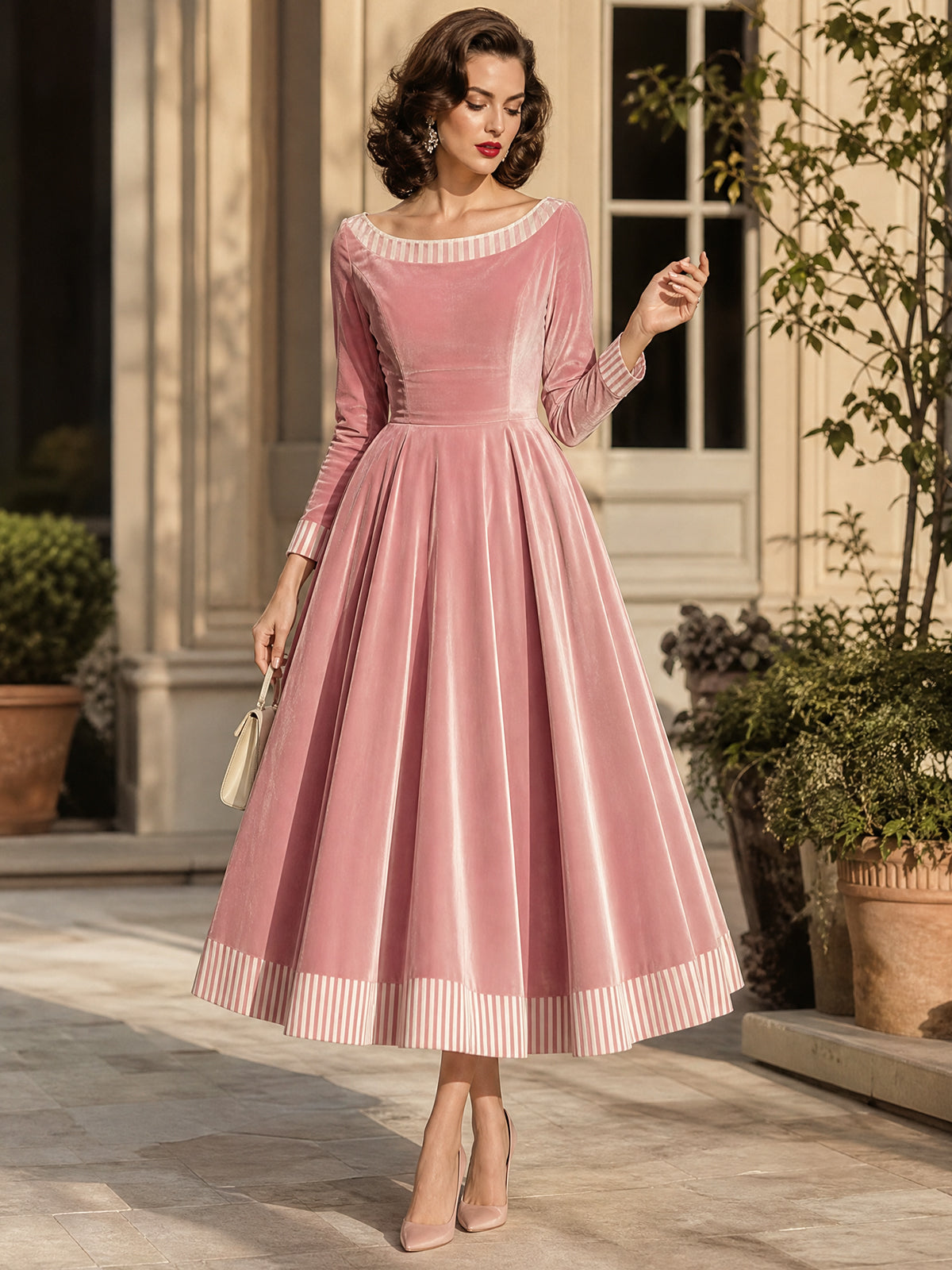 Vintage Pink Velvet Stripe-Trim Boat-Neck A-Line Dress