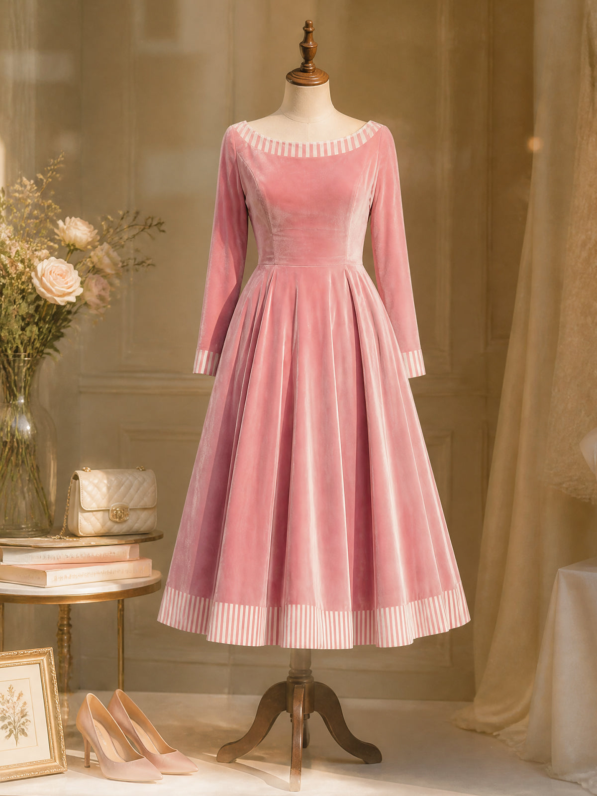 Vintage Pink Velvet Stripe-Trim Boat-Neck A-Line Dress