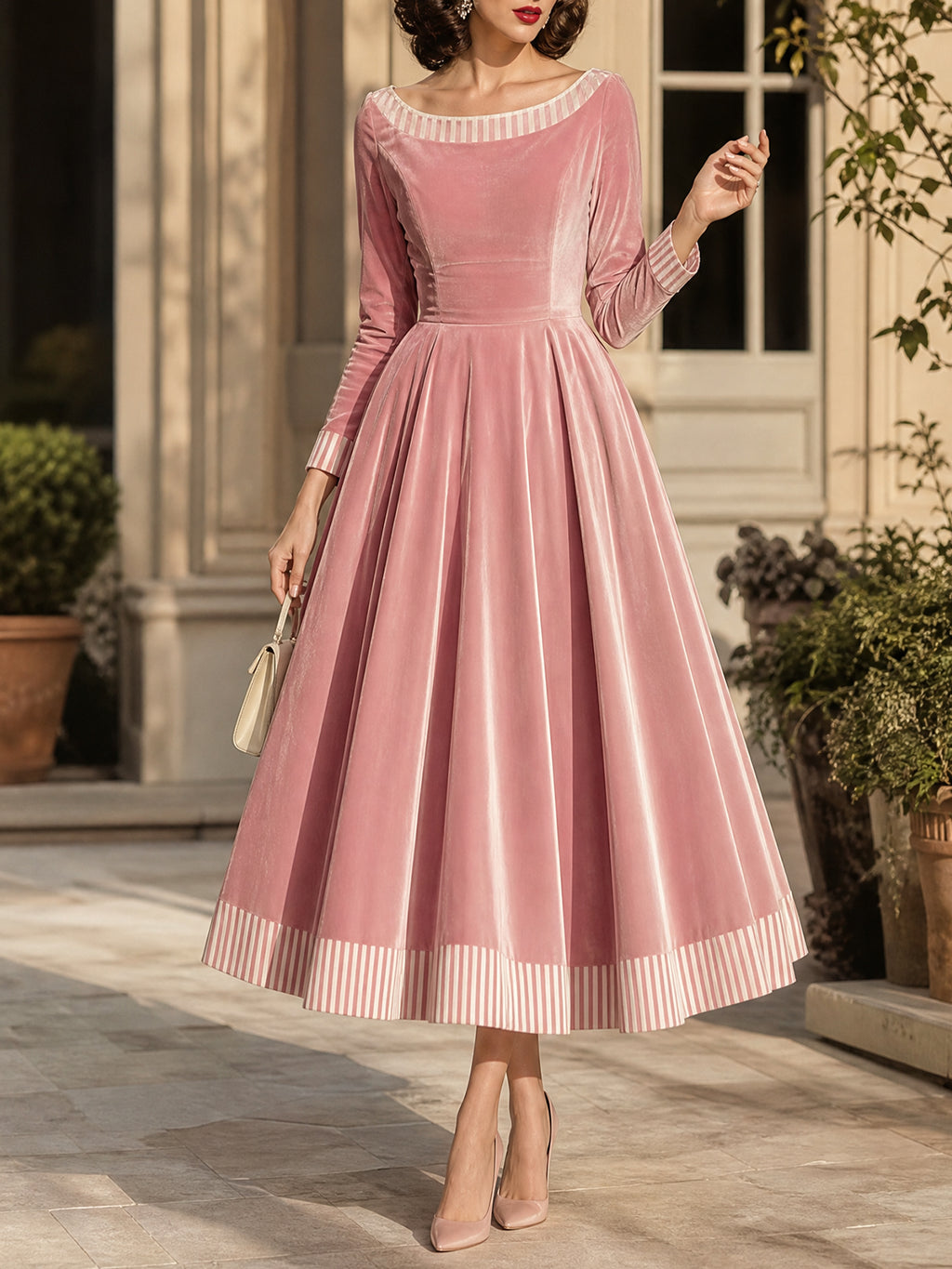 Vintage Pink Velvet Stripe-Trim Boat-Neck A-Line Dress