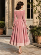 Vintage Pink Velvet Stripe-Trim Boat-Neck A-Line Dress