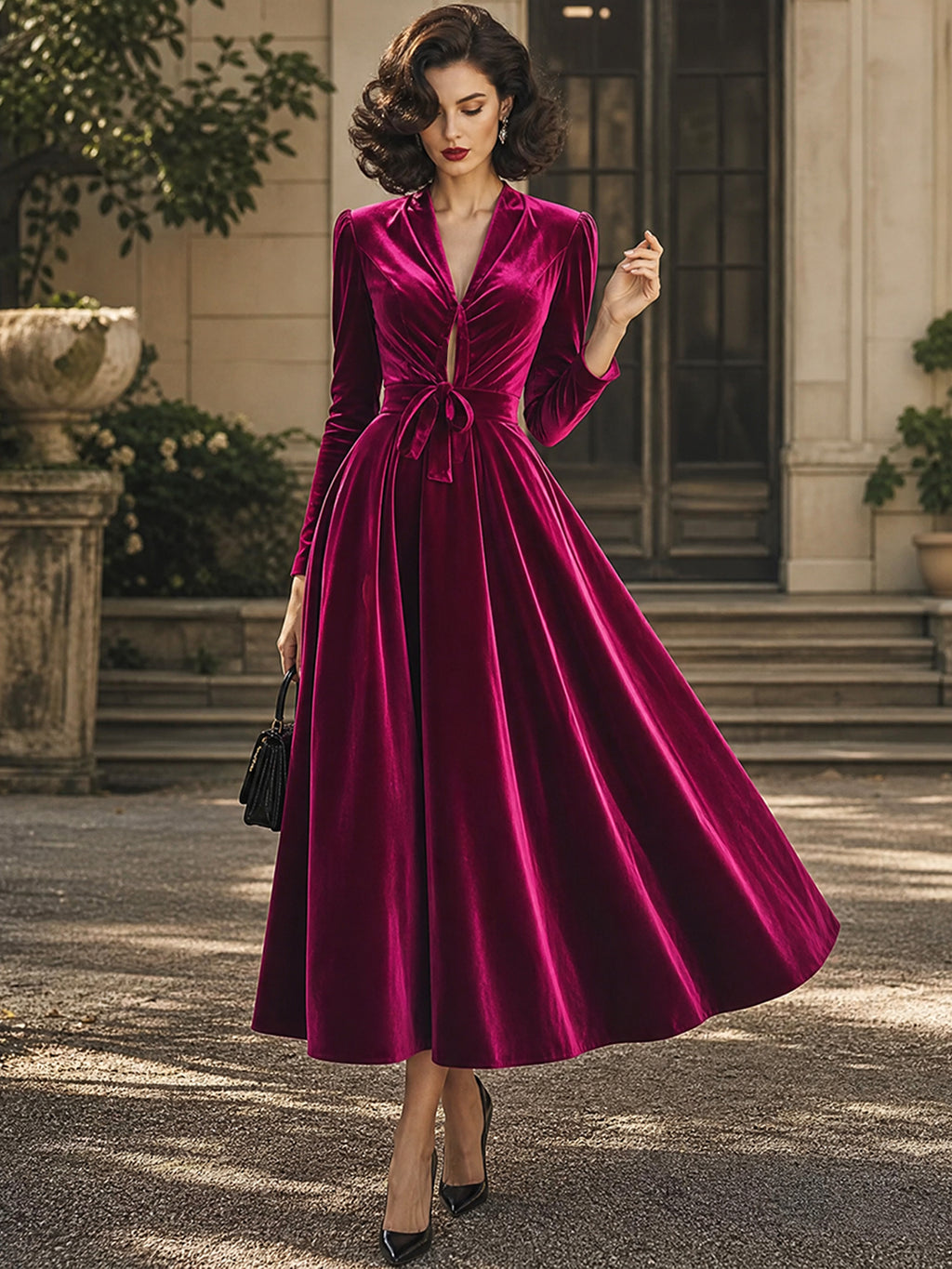 Vintage Magenta Velvet Tie-Waist Long-Sleeve A-Line Dress
