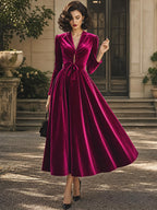 Vintage Magenta Velvet Tie-Waist Long-Sleeve A-Line Dress