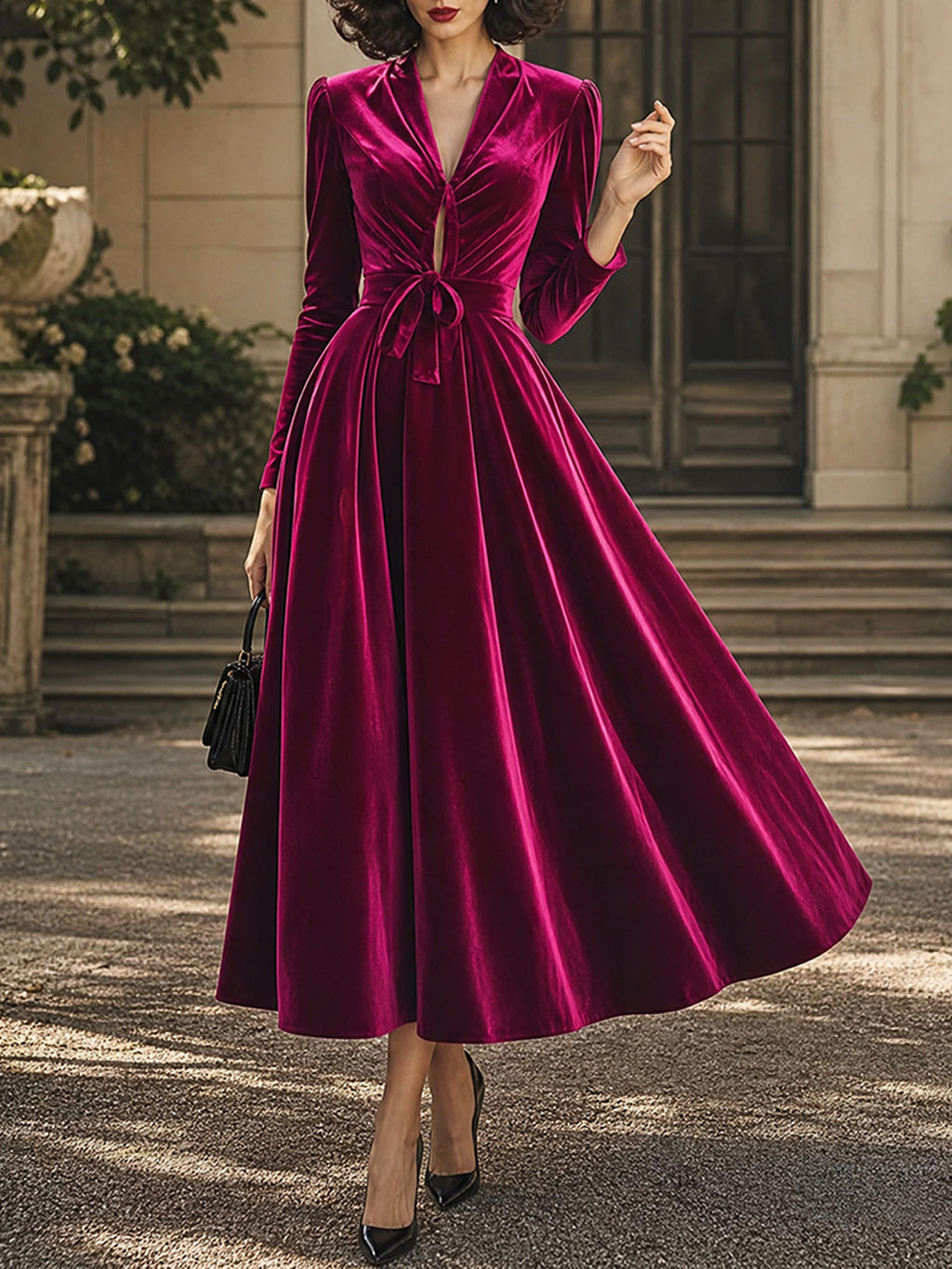 Vintage Magenta Velvet Tie-Waist Long-Sleeve A-Line Dress