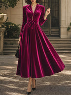Vintage Magenta Velvet Tie-Waist Long-Sleeve A-Line Dress