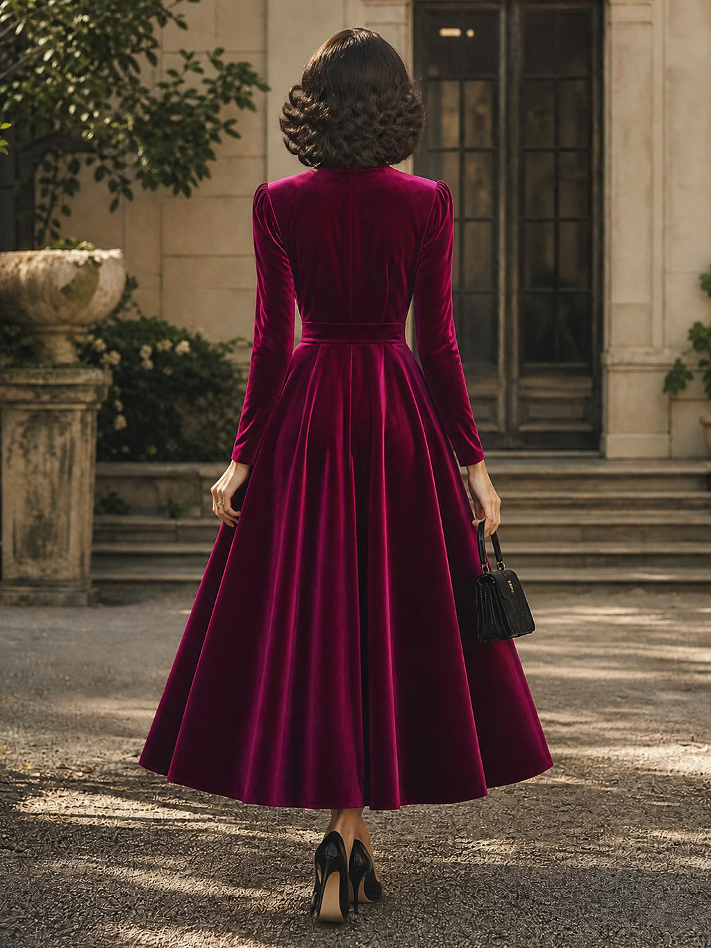 Vintage Magenta Velvet Tie-Waist Long-Sleeve A-Line Dress