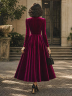 Vintage Magenta Velvet Tie-Waist Long-Sleeve A-Line Dress