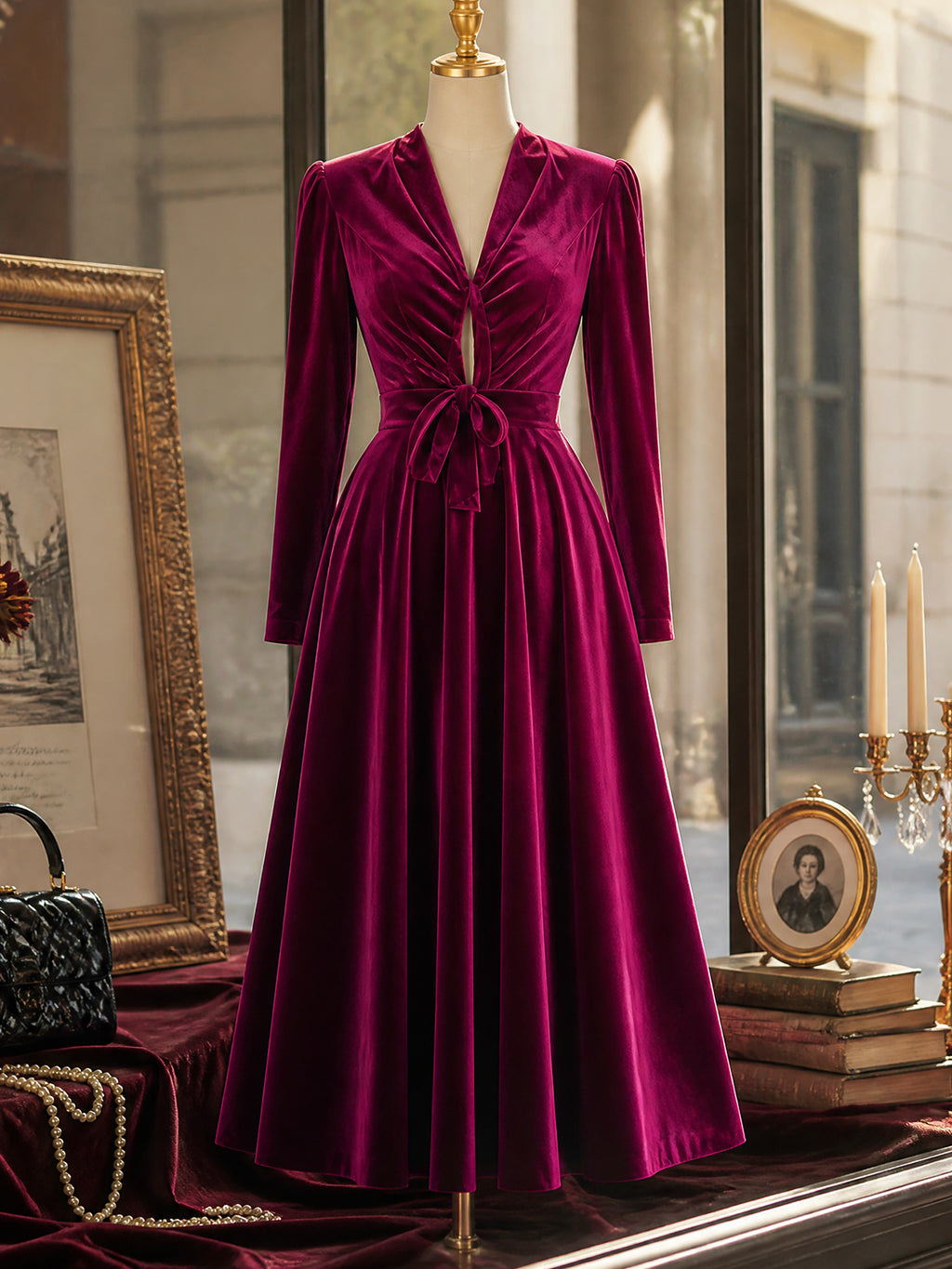 Vintage Magenta Velvet Tie-Waist Long-Sleeve A-Line Dress