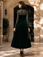 Vintage Green Velvet Mesh-Yoke Keyhole A-Line Dress