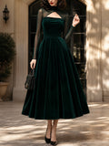 Vintage Green Velvet Mesh-Yoke Keyhole A-Line Dress