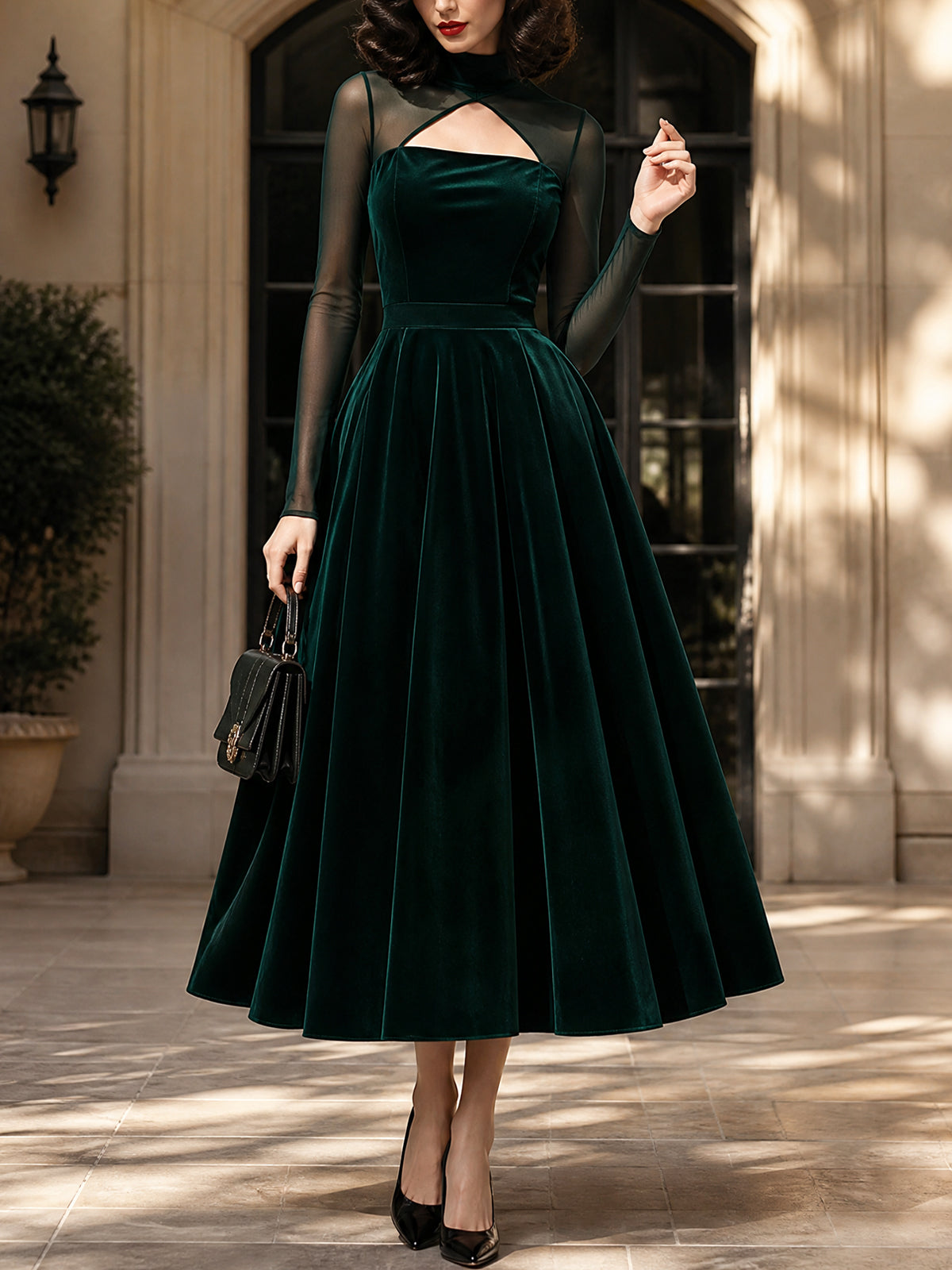 Vintage Green Velvet Mesh-Yoke Keyhole A-Line Dress