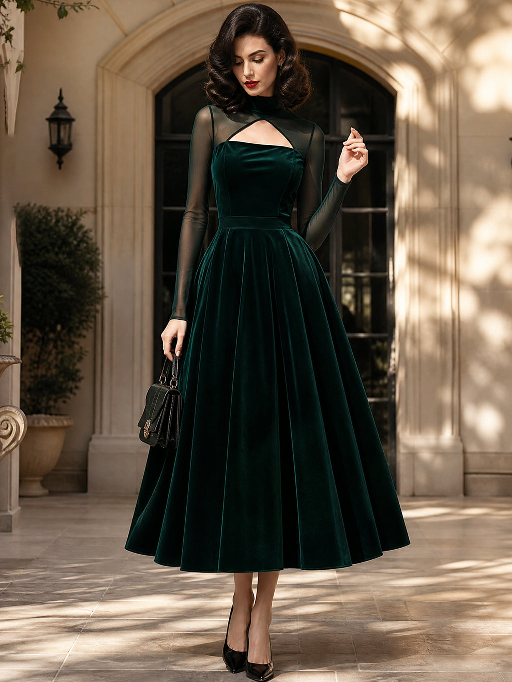 Vintage Green Velvet Mesh-Yoke Keyhole A-Line Dress