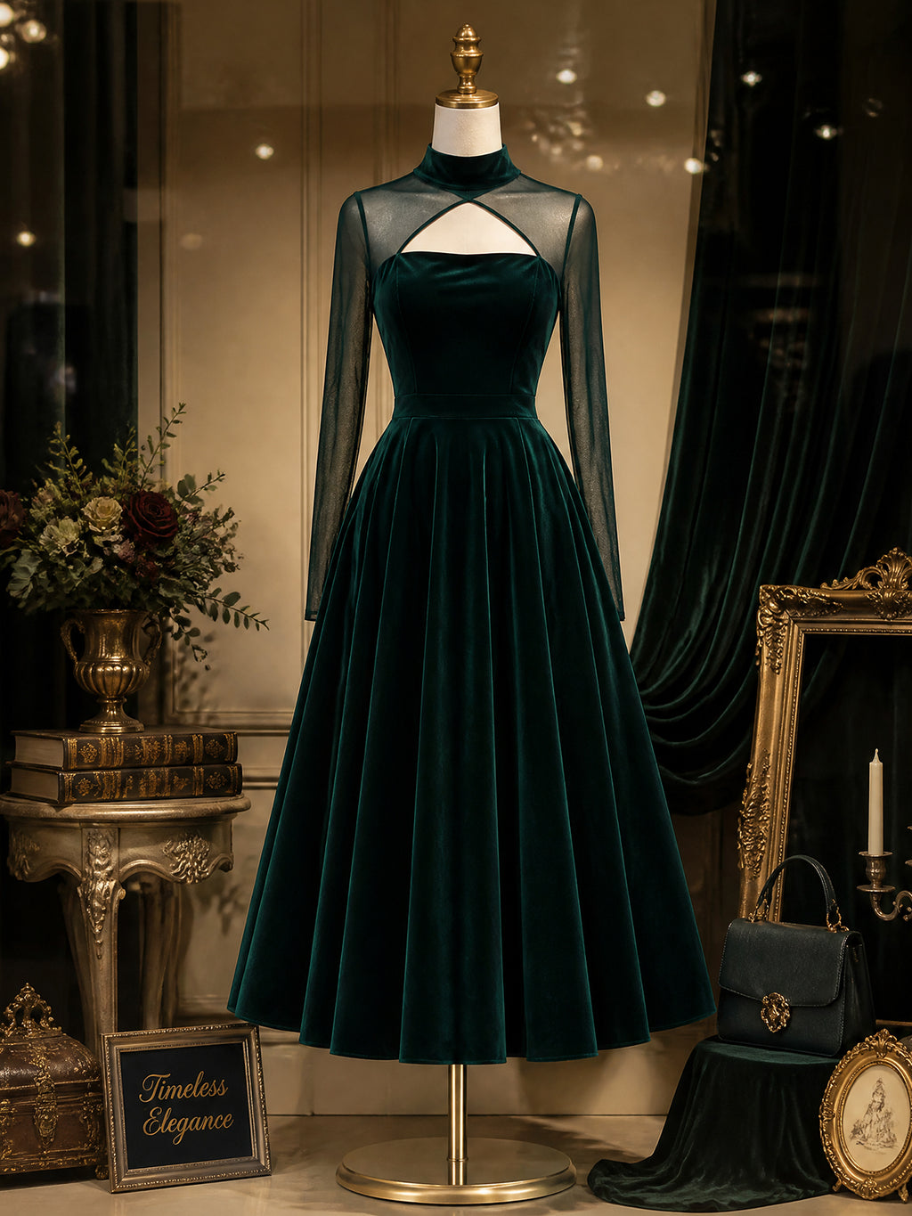 Vintage Green Velvet Mesh-Yoke Keyhole A-Line Dress