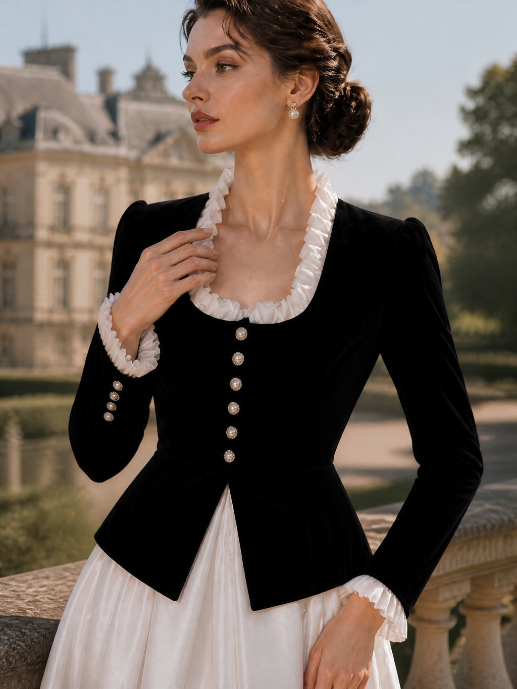 French Vintage Black Velvet Ruffle-Trim Peplum Jacket