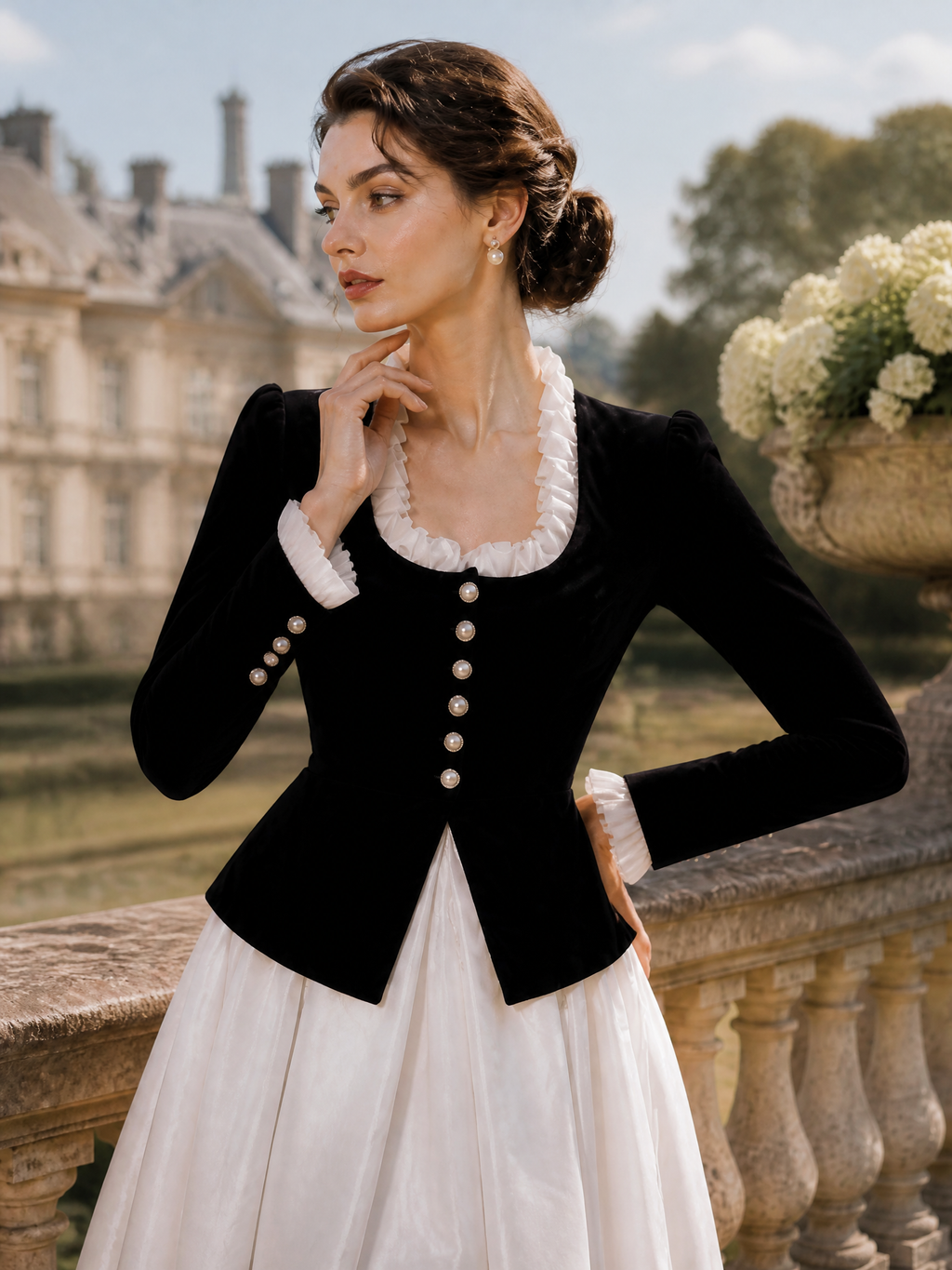 French Vintage Black Velvet Ruffle-Trim Peplum Jacket