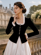 French Vintage Black Velvet Ruffle-Trim Peplum Jacket