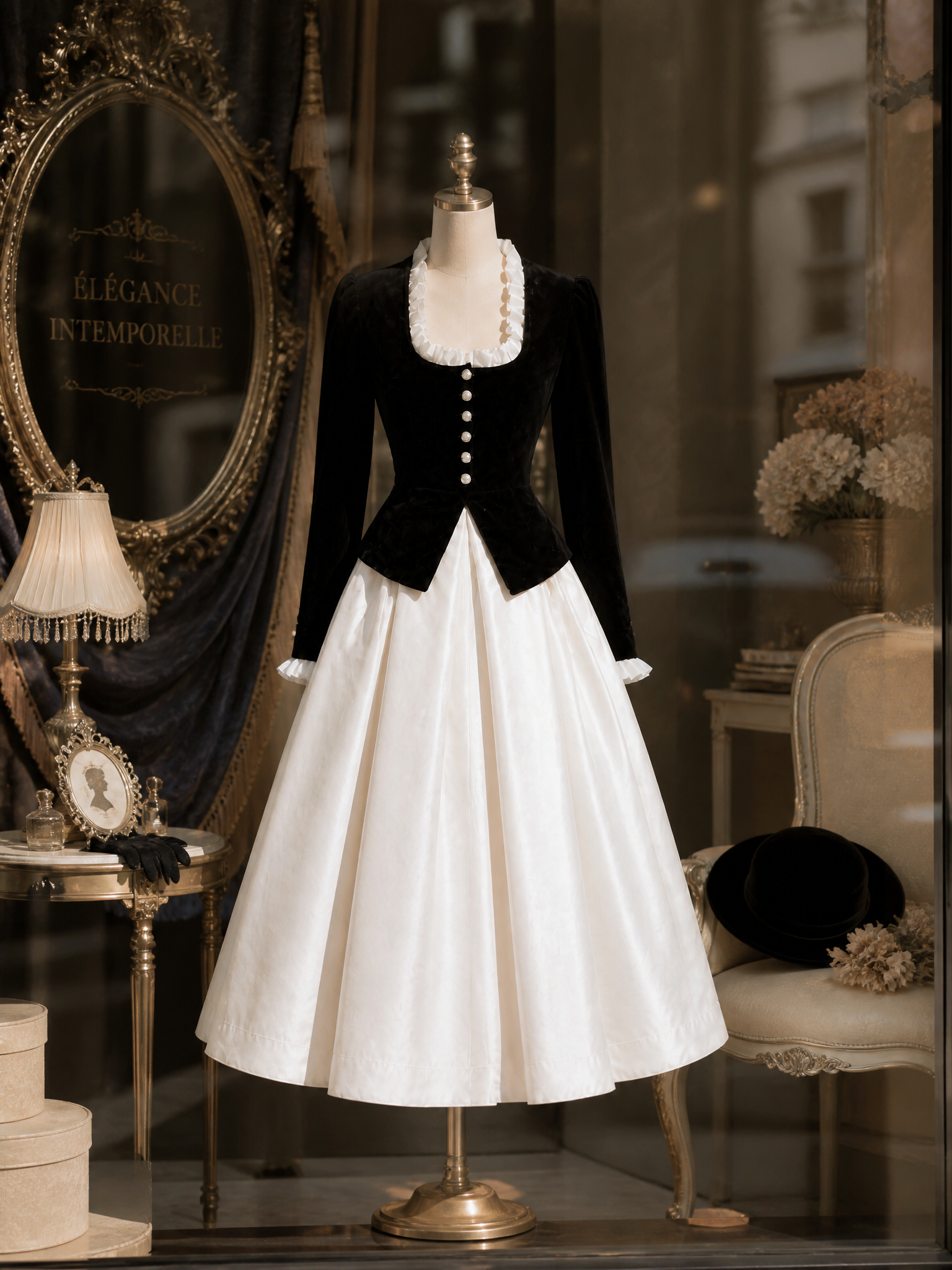 French Vintage Black Velvet Ruffle-Trim Peplum Jacket