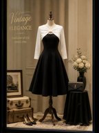 Retro Black Contrast-Bodice Bow-Detail A-Line Midi Dress