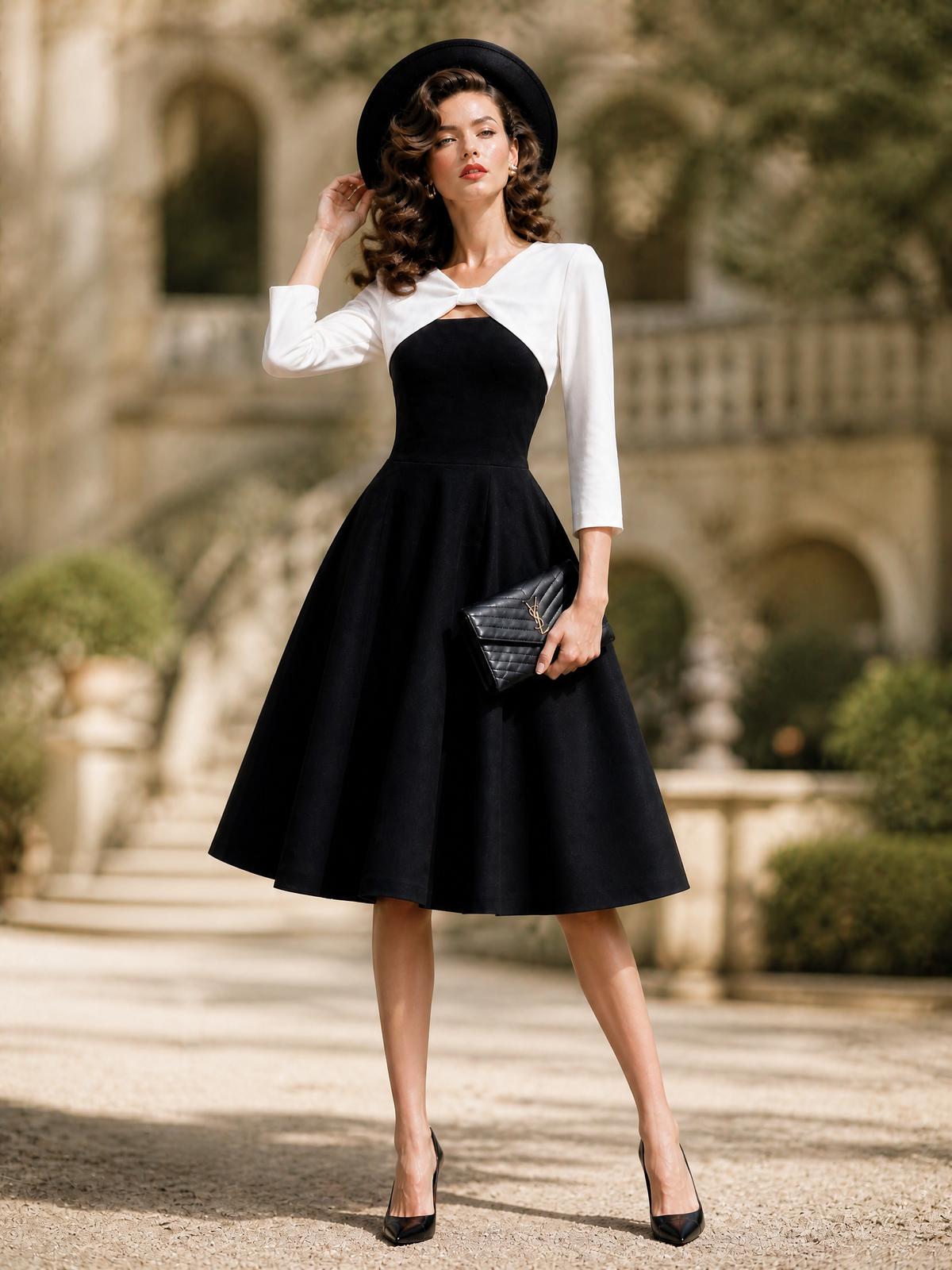 Retro Black Contrast-Bodice Bow-Detail A-Line Midi Dress