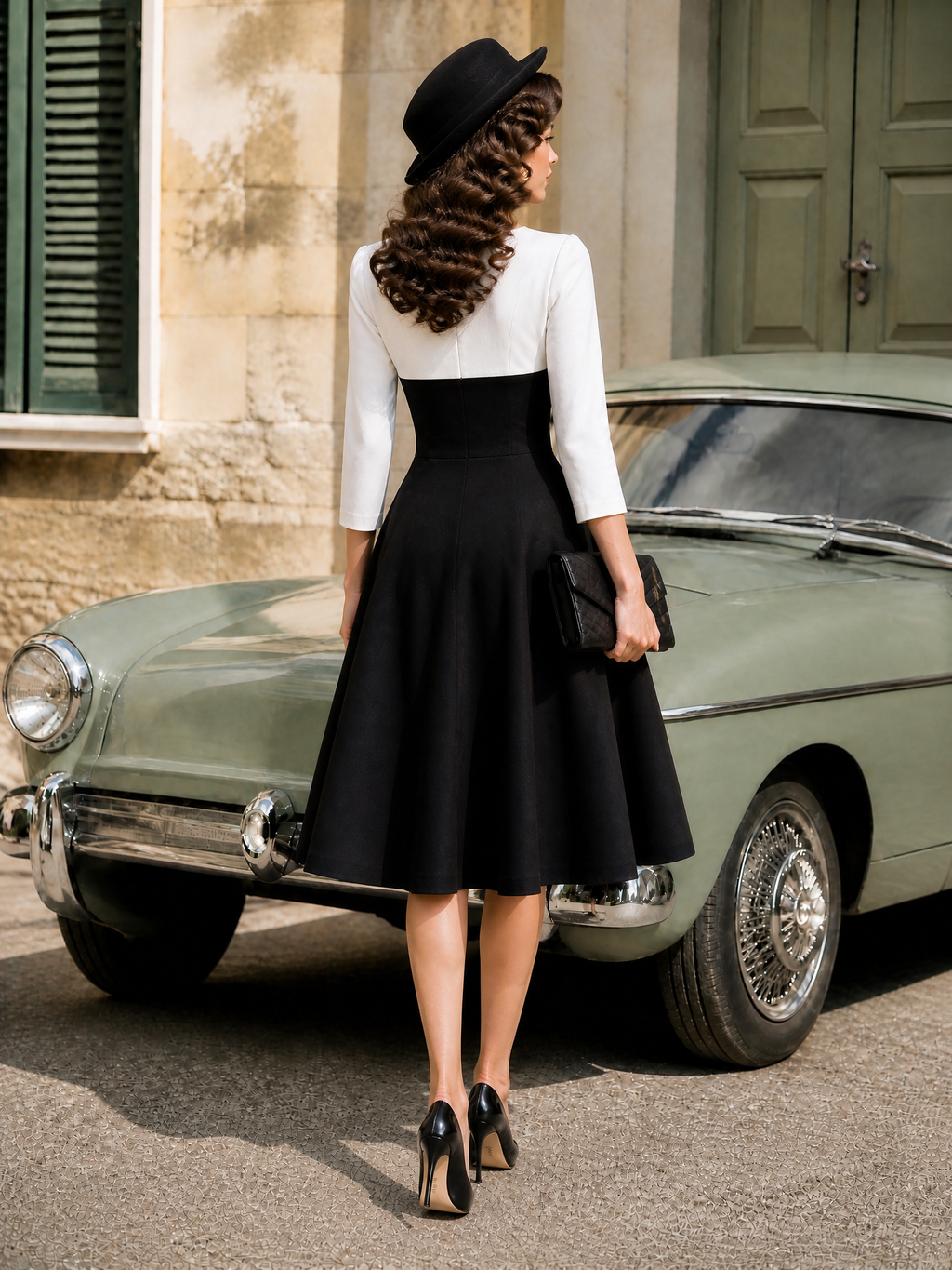 Retro Black Contrast-Bodice Bow-Detail A-Line Midi Dress