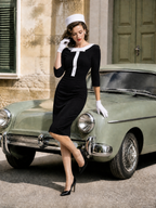 1960s Vintage Black & Ivory Bow-Neck Sheath Midi Dress