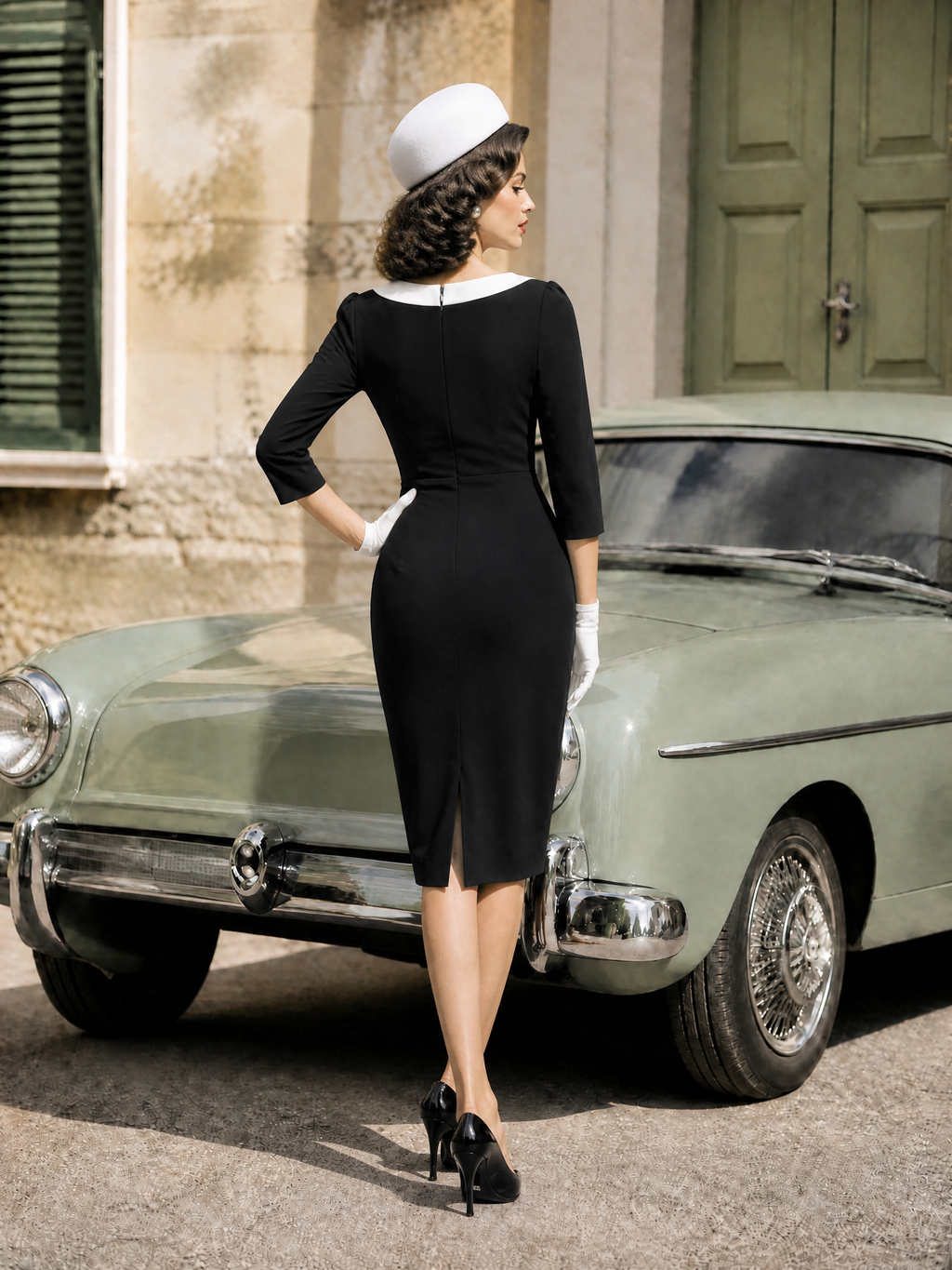 1960s Vintage Black & Ivory Bow-Neck Sheath Midi Dress