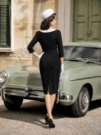 1960s Vintage Black & Ivory Bow-Neck Sheath Midi Dress
